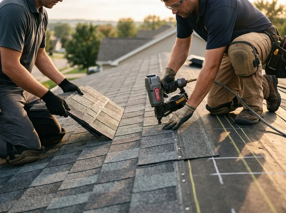 Professional roofer working on a residential roof in Dunmore